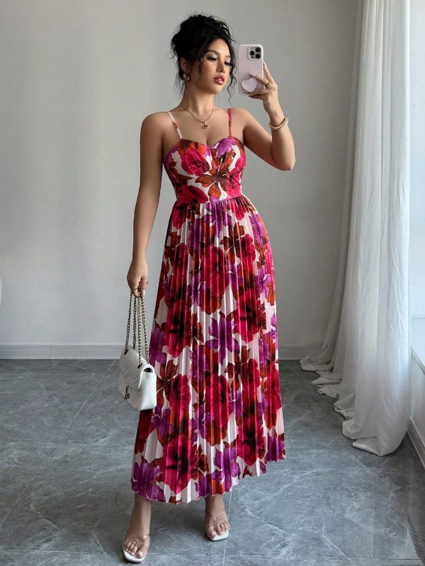 Casual Vacation Floral Print Pleated Slip Dress