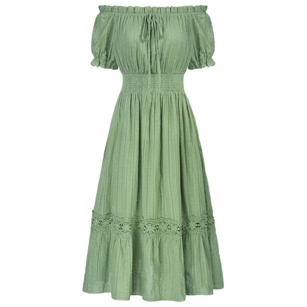 SD Women Renaissance Cotton Dress Summer Short Sleeve Ruffled Off Shoulder Flared A-Line Dress Ruched Slim Fit Fashion Dresses - Light Apricot / S