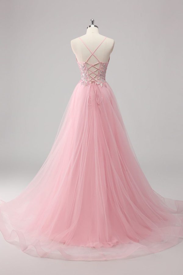 ZAPAKASA Women Sparkly Pink Long Prom Dress A-Line Spaghetti Straps Tulle Formal Dress with Sequined Appliques
