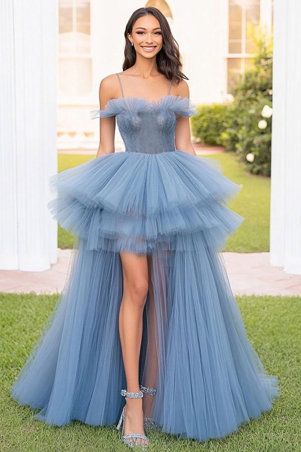 Spaghetti Straps Long Grey Blue Tulle Prom Dress With Slit