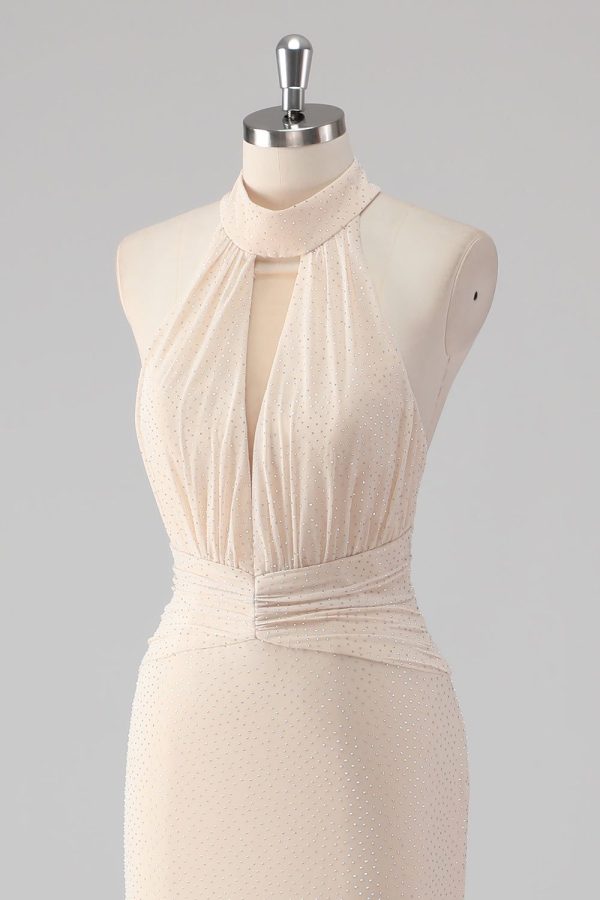 Zapaka Women Halter Formal Dress Cream Mermaid Cut Out Sleeveless Long Formal Wear Dress