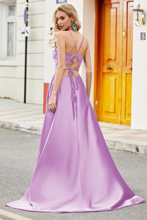 Zapakasa Women Royal Blue Prom Dress A-Line Spaghetti Straps Long Evening Party Dress with Slit, Lilac / US16