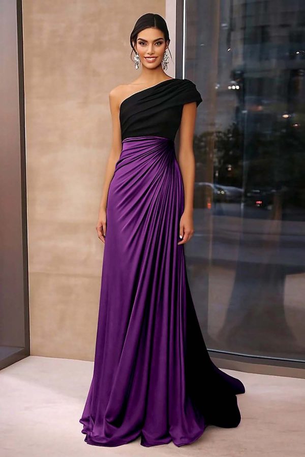 Brown Crepe Sheath Ruched One Shoulder Gala Dress - Black&Ink Blue / US12