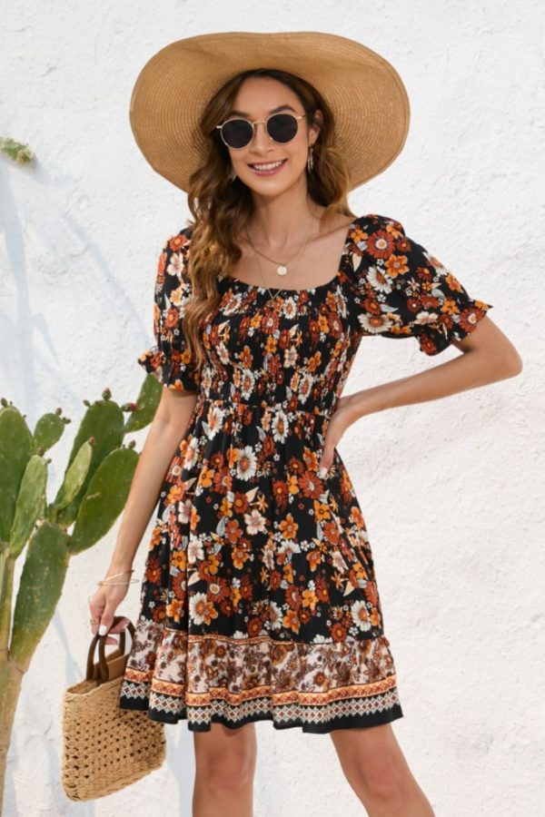 Hazel Blues® |  Printed Square Neck Short Sleeve Dress - Ultra marine / XL