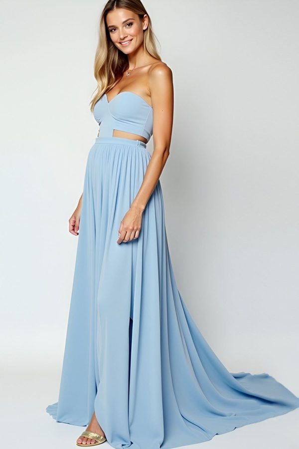 ZAPAKASA Women Blue Strapless Cut-Out Long Wedding Guest Dress with Slit Pleated Sweetheart Lace-Up Back Formal Dress