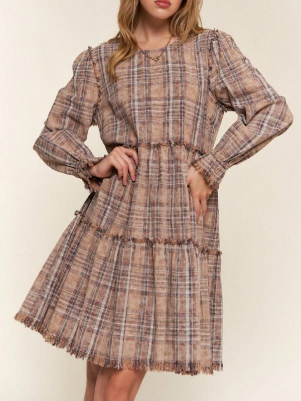 Women's Casual Dress Vintage Plaid Washed Frayed Tiered A-Line Mini Dress Brown Long Sleeve Round Neck 100% Cotton Eye-Catching Chic Piece Perfect  Spring/Fall/Winter Outfit
