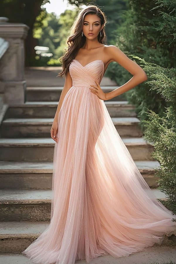 Zapakasa Women Chic Blush Prom Dress Sweetheart A-Line Ruched Tulle Long Formal Dress With Slit