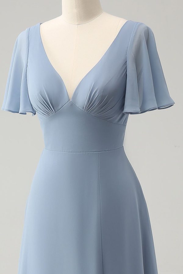 Zapakasa Women Grey Blue Bridesmaid Dress with Hollow Out Back V-Neck Puff Chiffon Long Wedding Party Dress