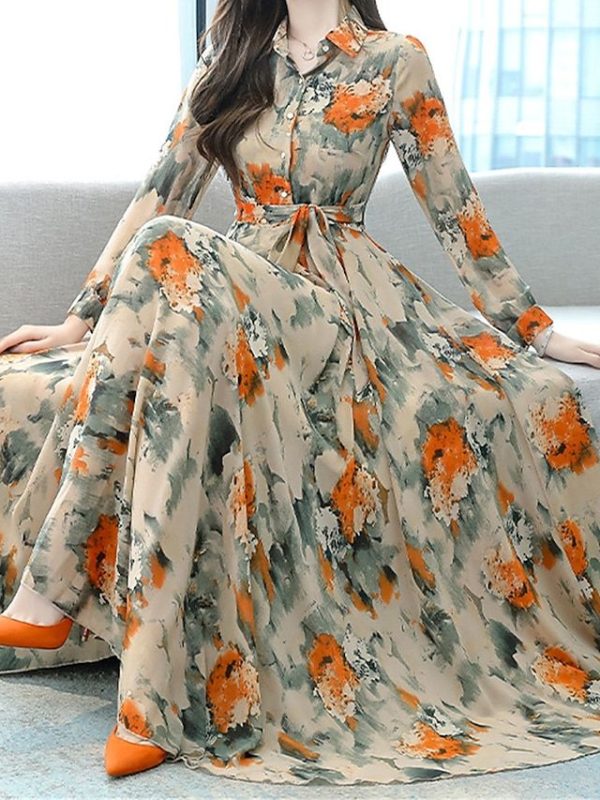 Women's Long Dress Maxi Dress Swing Dress A Line Dress Print Dress Spring Dress Fashion Streetwear Mature Outdoor Vacation Street Regular Fit Floral Long Sleeve Shirt Collar Yellow Red Orange Spring 2025 - $33.99
