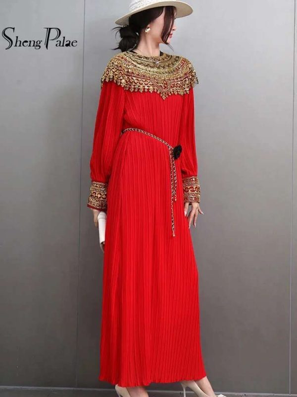 SHENGPALAE Fashion Long Dresses Women Chic Style High-end Beading Fold Design Full Sleeve 2025 New