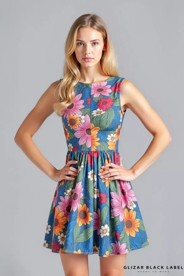 Vibrant Floral Dreamer Dress - A Symphony of Blooms in Blue - Blue, XS
