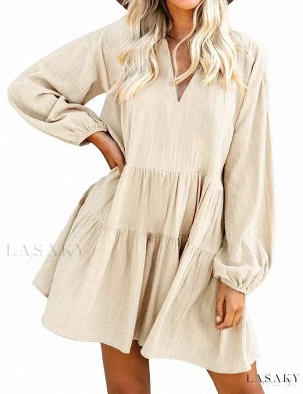 Lasaky - Stylish Long Sleeve Lantern Sleeve Loose Fit Dress with Wide Neckline - Apricot, XS