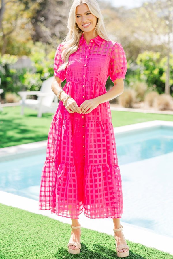 So Worth It Organza Button Down Midi Dress - Large / Fuchsia