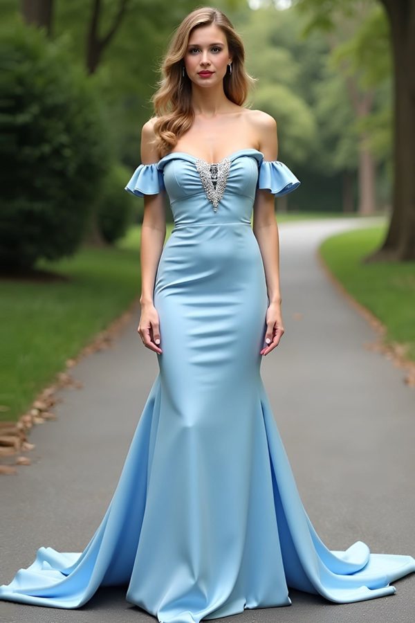 Zapaka Women Light Blue Wedding Guest Dress with Slit Mermaid Off The Shoulder Ruched Sweetheart Formal Dress