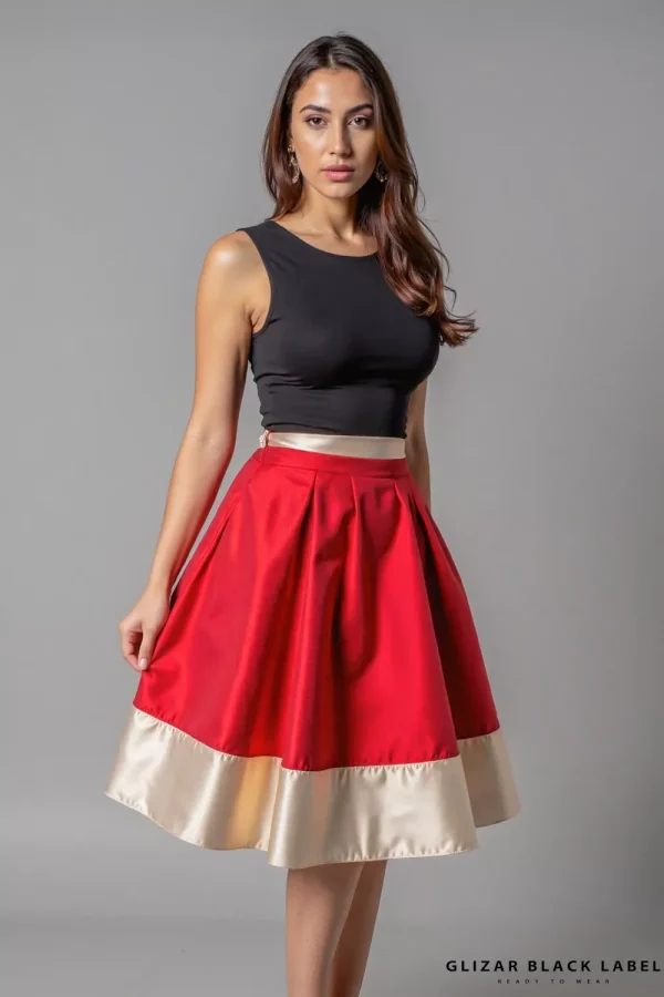 Elegant Satin Contrast Midi Dress - A Symphony of Black and Blush - Black and red, 3XL