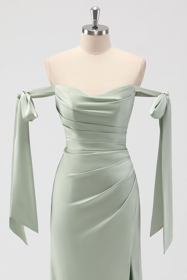 ZAPAKASA Women Mermaid Sage Green Bridesmaid Dress with Slit Off The Shoulder Ruched Long Wedding Guest Dress