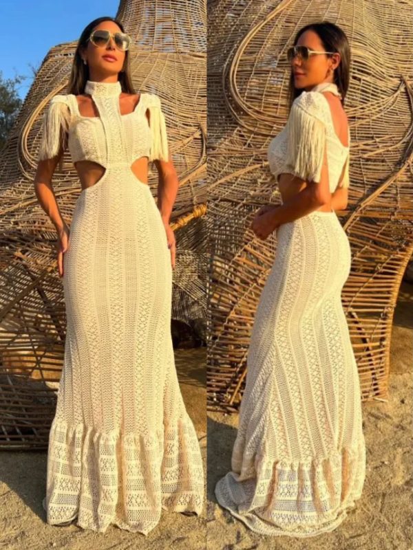 Sexy White Lace Women Dress Turtleneck Tassel Sleeve Slim Naked Waist Hollow Out Long Dress Summer
