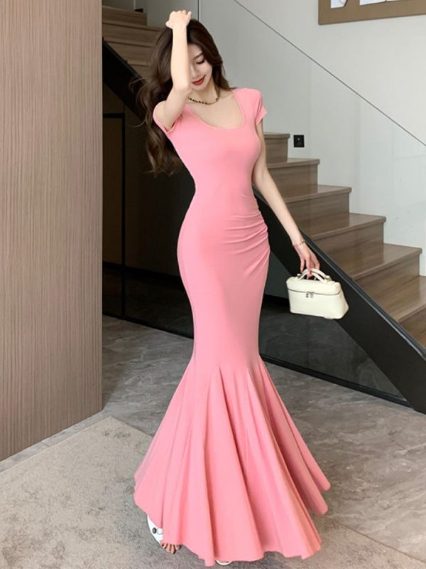 Summer Fashion Elegant Vacation Beach Mermaid Long Dress Women Clothes Sweet Short Sleeve Skinny