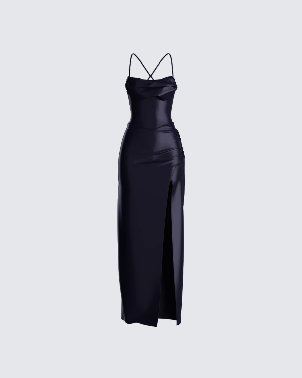 Lerata Black Satin Maxi Dress