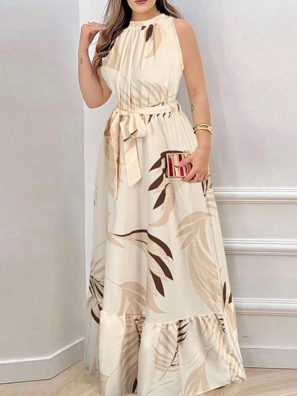 Women's Botanical Print Sleeveless Dress, Casual Holiday Style Maxi Women Outfit