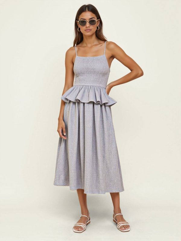 Smocked Bodice Peplum Midi Sun Dress - SMALL / PINK - PINK / 10000