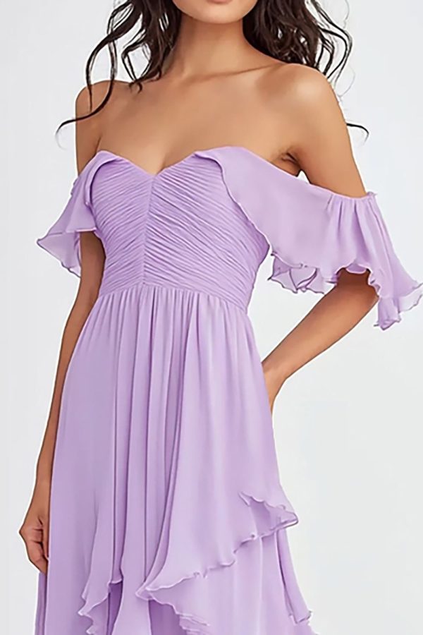 ZAPAKASA Women Lilac Off the Shoulder Long Formal Dress with Ruffles Chiffon Tiered Ruched Party Dress