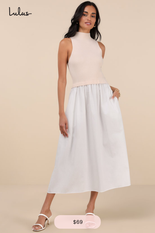 Confident Cues Ivory Two-Tone Mixed Media Midi Dress | Lulus