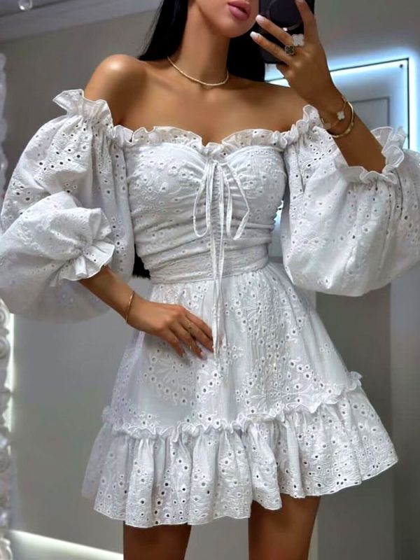 GypsyLady Off The Shoulder Sexy Mini Dresse Cotton Summer Elegant Hollow Out Ruffles Backless Women
