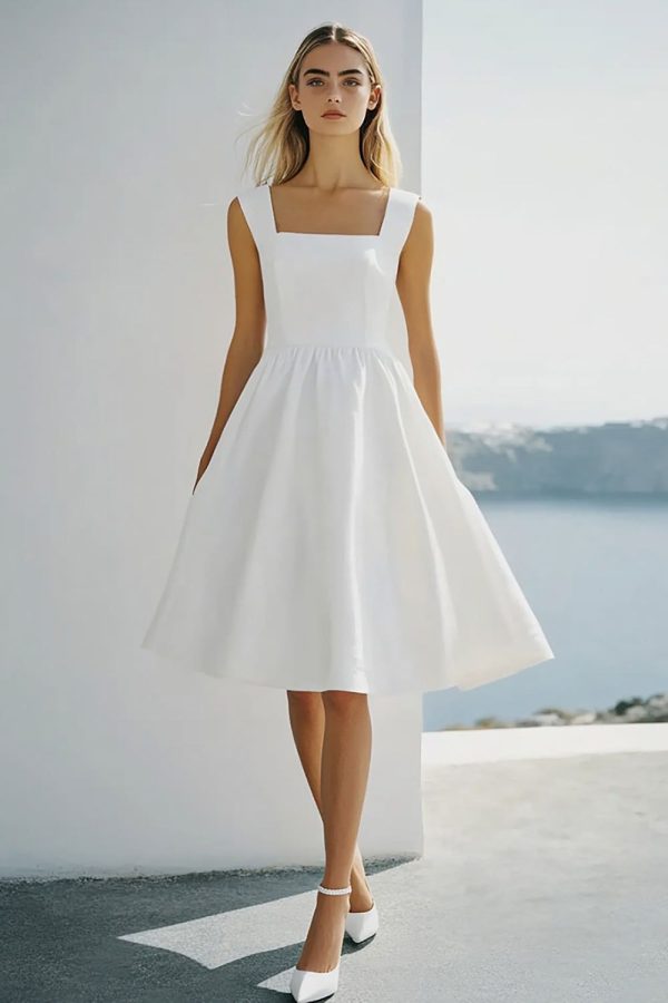 Zapakasa Women Square Neck Graduation Dress White Chiffon Spaghetti Straps A Line Short Cocktail Dress