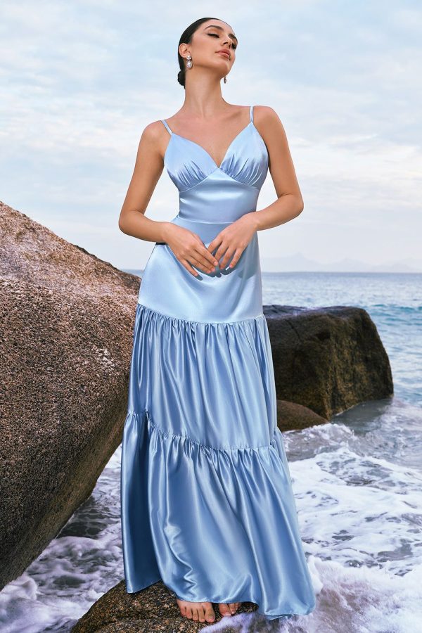Zapakasa Women Sky Blue Bridesmaid Dress Spaghetti Straps Satin A-Line Long Wedding Party Dress