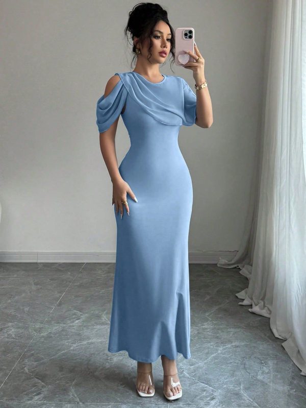 Women's Spring/Summer Elegant Retro Luxury Long Dress With Shawl Collar, Sleeveless Music Festival Wrap Dress, Blue