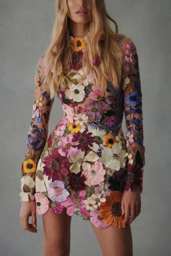 Elegantly Enchanted Floral Applique Backless Long Sleeve Mini Dress