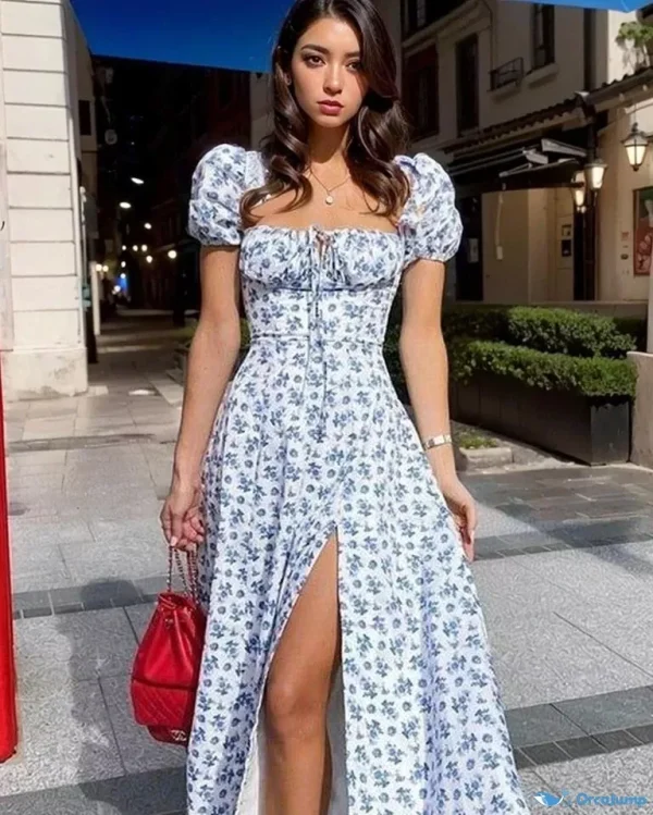 OrcaJump - Stylish and Alluring Short-Sleeved Drawstring High-Slit Dress in 4 Color Options - Blue, L