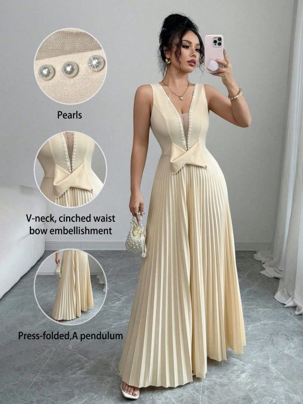 Sleeveless V-Neck Ruched Waist Pearl Decor Pleat A-Line Bow Elegant Romantic Women Dress