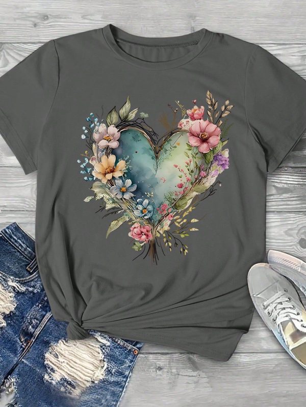 Casual Short Sleeve T-Shirt With Heart Flower Pattern And Round Neck Graphic Tees Women Tops