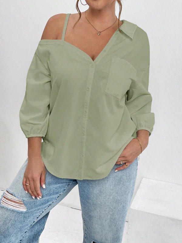 Plus Size Women's Clothing Spring And Summer New Fashion Street Shooting Casual Asymmetrical Shoulder Shirt