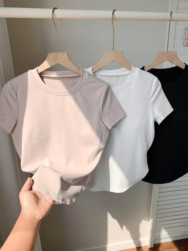 Women's 3pcs Simple Casual Solid Color Round Neck Short Sleeve T-Shirt, Summer
