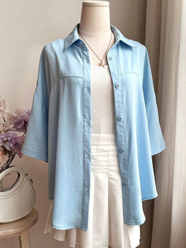 Women Solid Color Drop Shoulder Single-Breasted Casual Loose Shirt