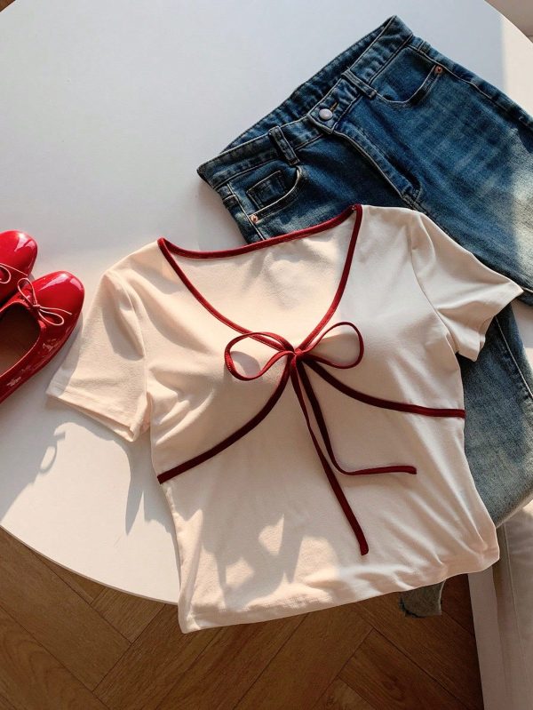 Women's Casual V-Neck Short Sleeve T-Shirt With Bow Decor & Contrast Trim, Summer