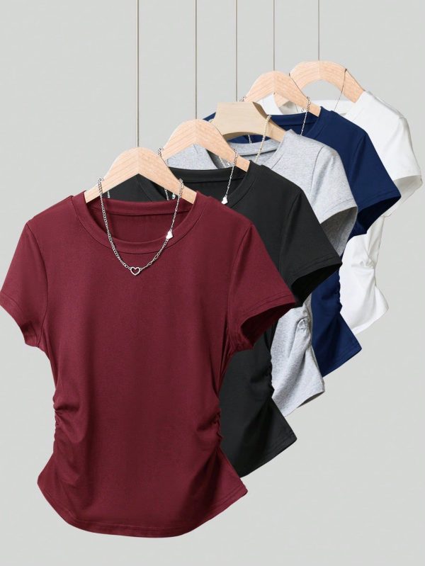 Women's Solid Color Round Neck Short Sleeve T-Shirt, Fashionable For Summer