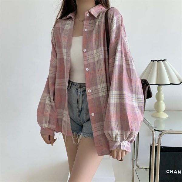 Zingj Vintage Plaid Oversized Loose Blouse-Outfit Ideas Pink White Plaid-Average Size
