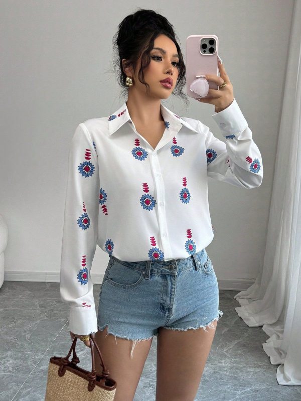Women's Casual Resort Print Collared Fitted Long Sleeve Shirt