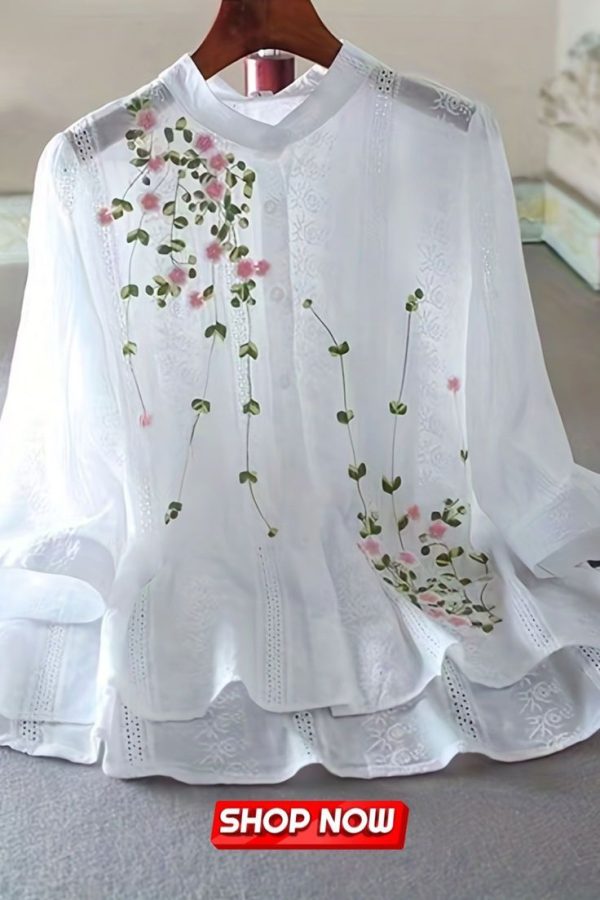 Eyelet Floral Blouse, Elegant Button Front Blouse