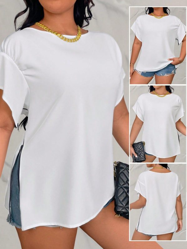 Plus Size New Summer Casual Tee Shirt For Women, Simple Design, Side Zipper, Comfortable, Versatile, Suitable For Commute