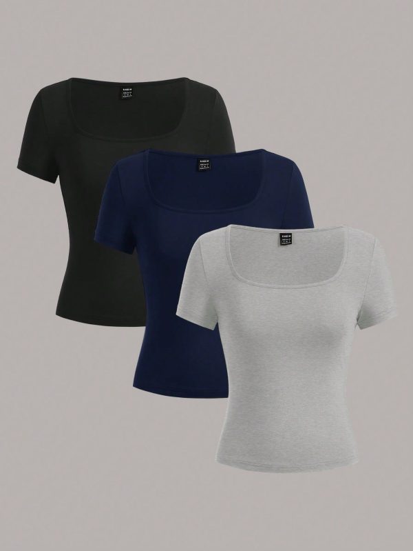 Three Pieces Square-Neck Short-Sleeved, Casual, Summer-Fitting Women's T-Shirts, Black, White And Gray More Choices