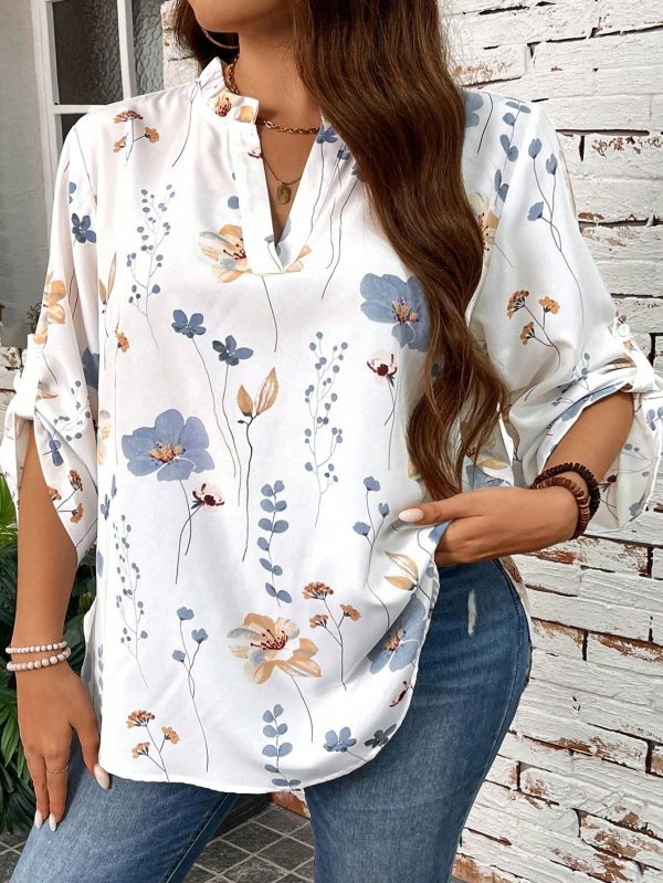 Plus Size Floral Print Notched Neck Casual Vacation Shirt