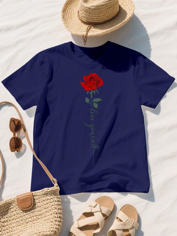 Plus Size Tops Women Clothes Summer Outfits Red Rose With "Love Yourself" Text Print Short Sleeve T-Shirt Graphic Tees Women Tops