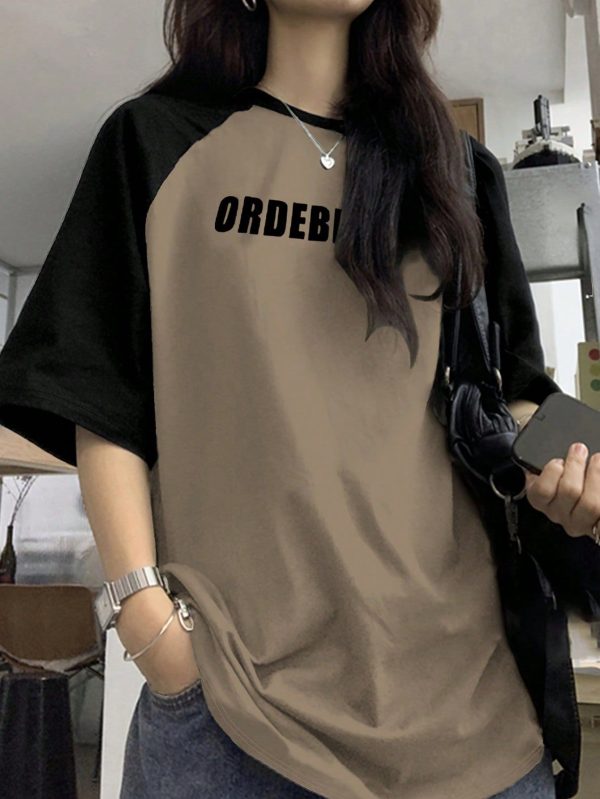 Women's Letter Print Color Block Raglan Sleeve T-Shirt