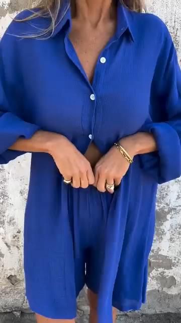 Women's Casual Long Sleeve Shirt & Shorts Two-Piece Set