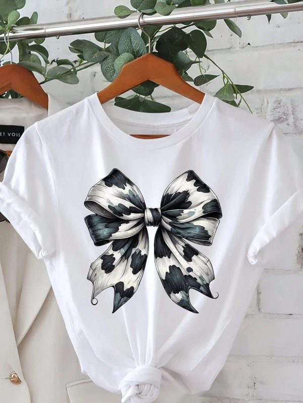 Flirty Bow Graphic Print T-Shirt, Short Sleeve Crew Neck Casual Top For Summer & Spring, Women's Clothing